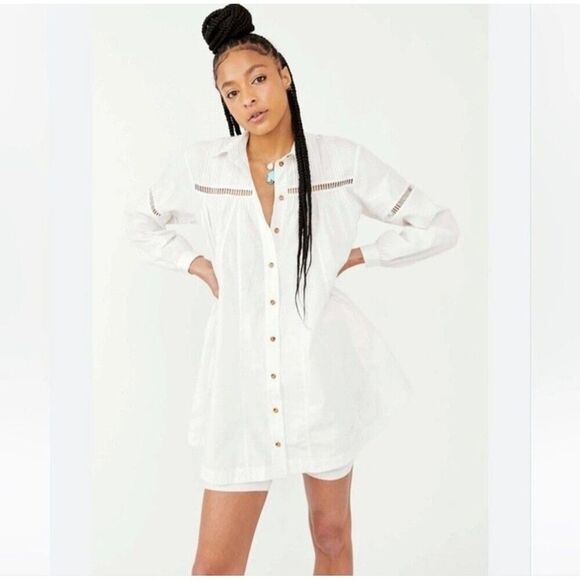 Free People Kennedy Mini Dress XS White Boho Peasant Button Front Beachy - Picture 2 of 13